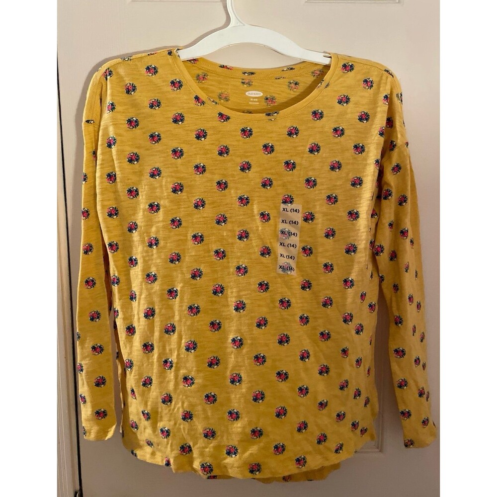 Old Navy Girls Long-Sleeve Yellow Floral Tee (size XL / 14), made of 100% cotton
